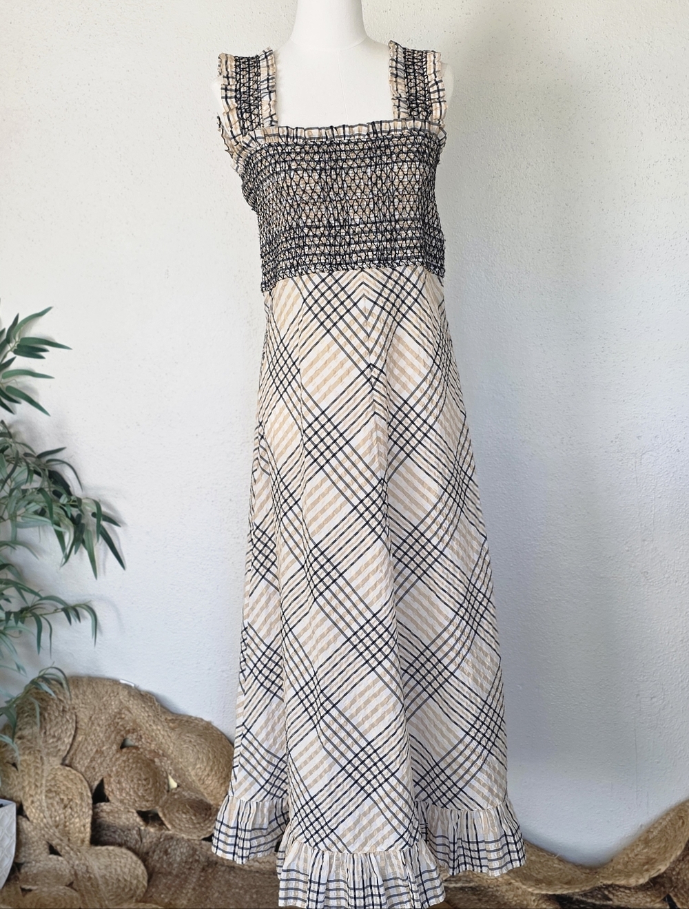 GANNI Seersucker Smocked Maxi Dress Plaid Ruffle EU 40 Coastal Minimalist